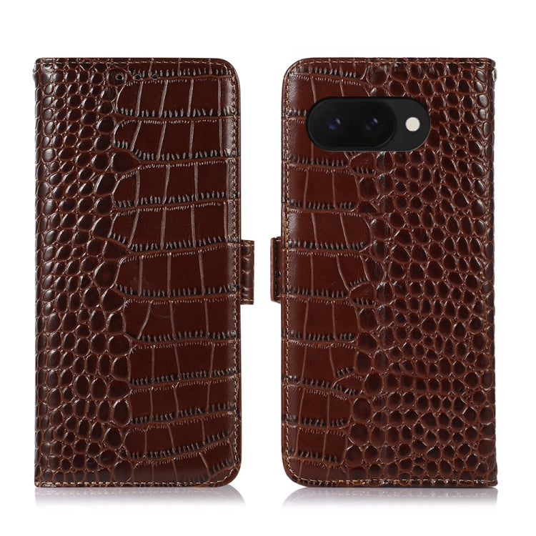 For Google Pixel 9a Crocodile Top Layer Cowhide Leather Phone Case(Brown) - Google Cases by PMC TechLife | Online Shopping South Africa | PMC TechLife | Buy Now Pay Later Mobicred