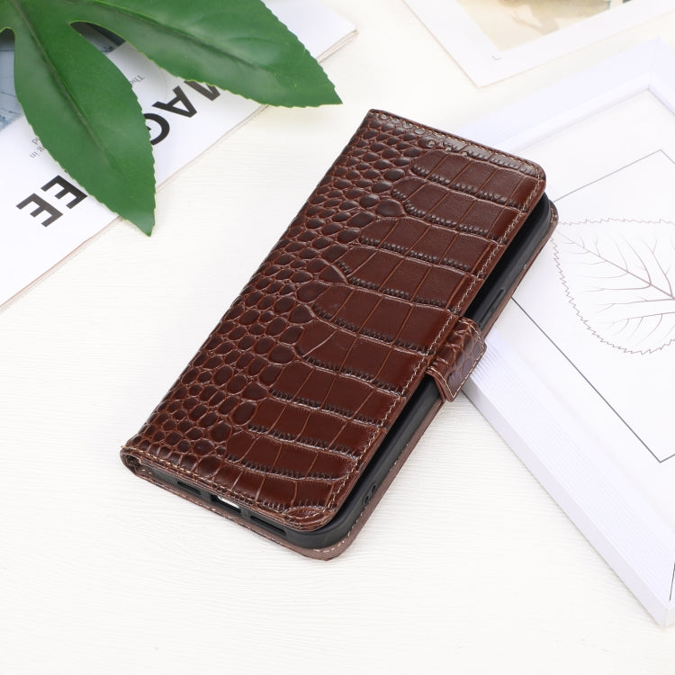 For Google Pixel 9a Crocodile Top Layer Cowhide Leather Phone Case(Brown) - Google Cases by PMC TechLife | Online Shopping South Africa | PMC TechLife | Buy Now Pay Later Mobicred