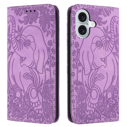 For iPhone 16 Retro Elephant Embossed Leather Phone Case(Purple) - iPhone 16 Cases by PMC Jewellery | Online Shopping South Africa | PMC Jewellery | Buy Now Pay Later Mobicred