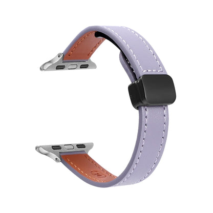 For Apple Watch SE 2023 44mm Slim Magnetic Buckle Genuine Leather Watch Band(Plain Purple) - Watch Bands by PMC Jewellery | Online Shopping South Africa | PMC Jewellery