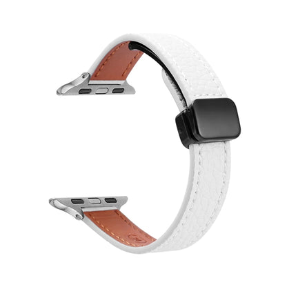 For Apple Watch SE 2023 44mm Slim Magnetic Buckle Genuine Leather Watch Band(Litchi Beige) - Watch Bands by PMC Jewellery | Online Shopping South Africa | PMC Jewellery