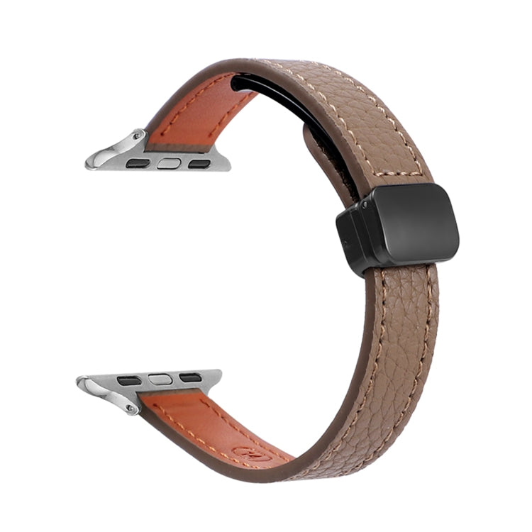 For Apple Watch Series 8 45mm Slim Magnetic Buckle Genuine Leather Watch Band(Litchi Coffee) - Watch Bands by PMC Jewellery | Online Shopping South Africa | PMC Jewellery