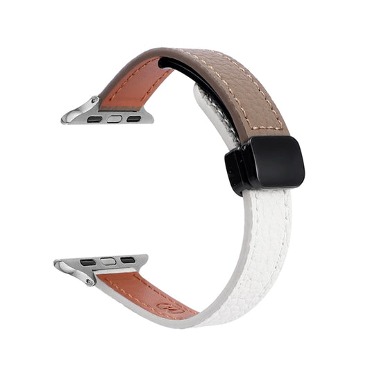 For Apple Watch Series 7 41mm Slim Magnetic Buckle Genuine Leather Watch Band(Litchi Beige Coffee) - Watch Bands by PMC Jewellery | Online Shopping South Africa | PMC Jewellery
