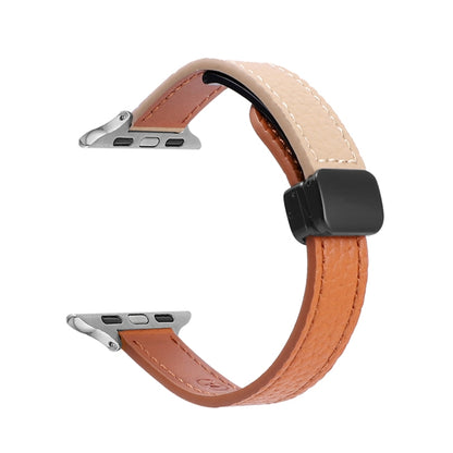 For Apple Watch SE 44mm Slim Magnetic Buckle Genuine Leather Watch Band(Litchi Orange Apricot) - Watch Bands by PMC Jewellery | Online Shopping South Africa | PMC Jewellery