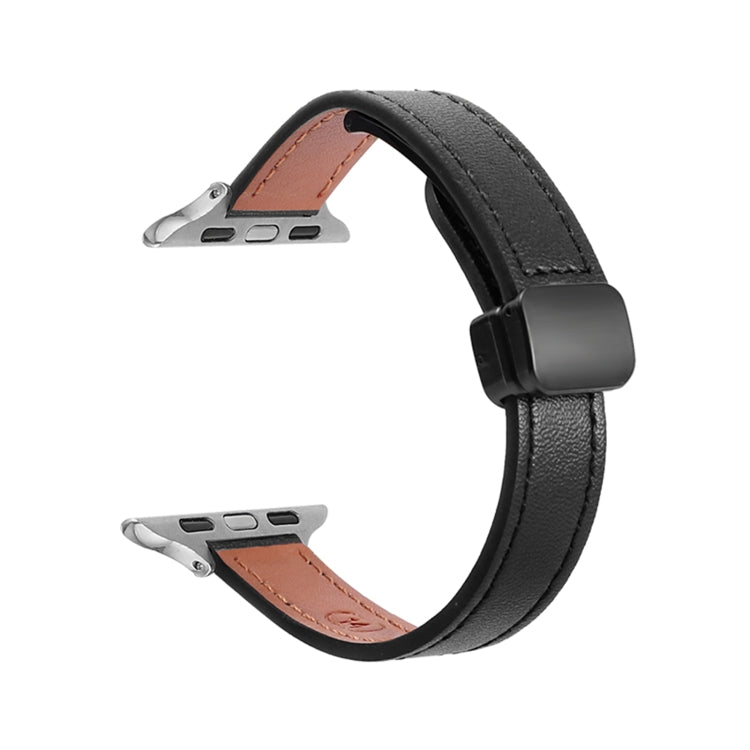 For Apple Watch Series 5 40mm Slim Magnetic Buckle Genuine Leather Watch Band(Plain Black) - Watch Bands by PMC Jewellery | Online Shopping South Africa | PMC Jewellery