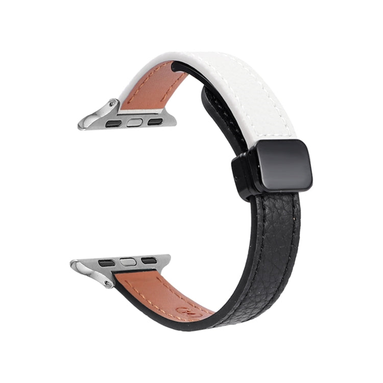 For Apple Watch Series 2 42mm Slim Magnetic Buckle Genuine Leather Watch Band(Litchi Black Beige) - Watch Bands by PMC Jewellery | Online Shopping South Africa | PMC Jewellery