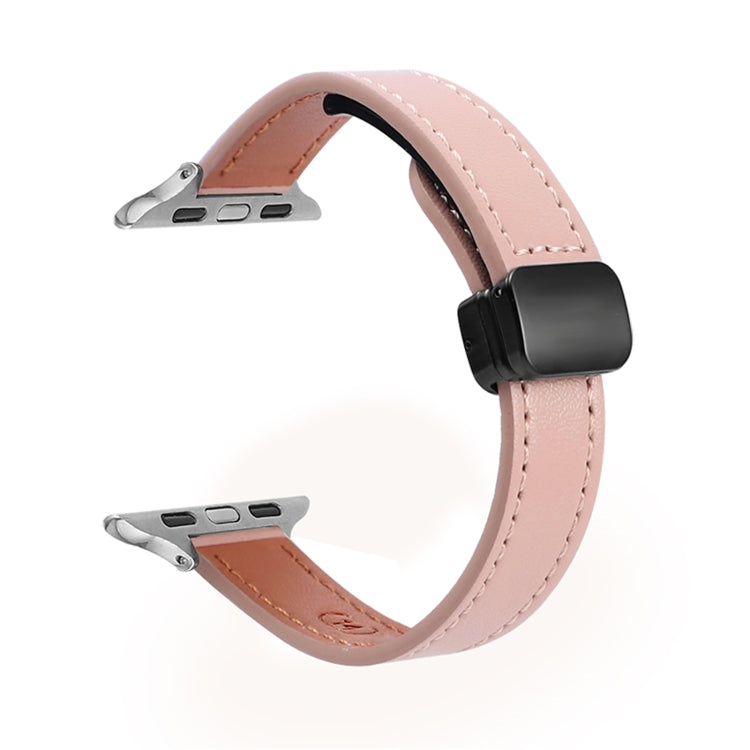 For Apple Watch 38mm Slim Magnetic Buckle Genuine Leather Watch Band(Plain Pink) - Watch Bands by PMC Jewellery | Online Shopping South Africa | PMC Jewellery