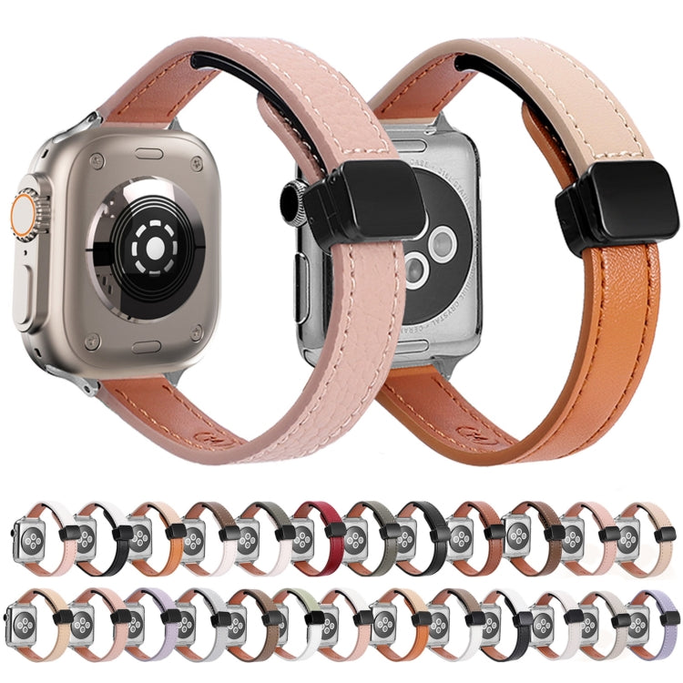 For Apple Watch 42mm Slim Magnetic Buckle Genuine Leather Watch Band(Plain Grey) - Watch Bands by PMC TechLife | Online Shopping South Africa | PMC TechLife