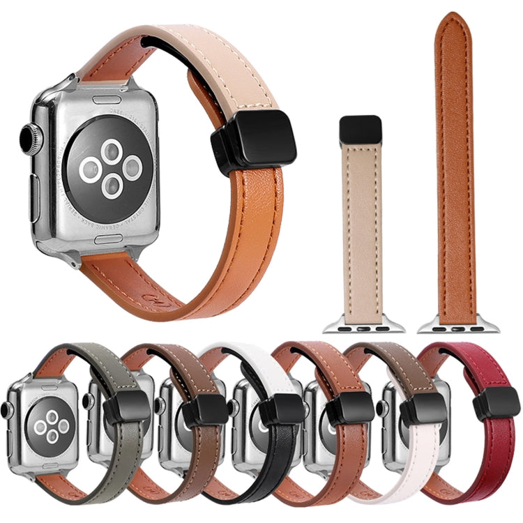 For Apple Watch Series 7 45mm Slim Magnetic Buckle Genuine Leather Watch Band(Plain Apricot) - Watch Bands by PMC Jewellery | Online Shopping South Africa | PMC Jewellery