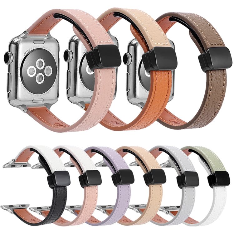 For Apple Watch 42mm Slim Magnetic Buckle Genuine Leather Watch Band(Litchi Pink Beige) - Watch Bands by PMC Jewellery | Online Shopping South Africa | PMC Jewellery