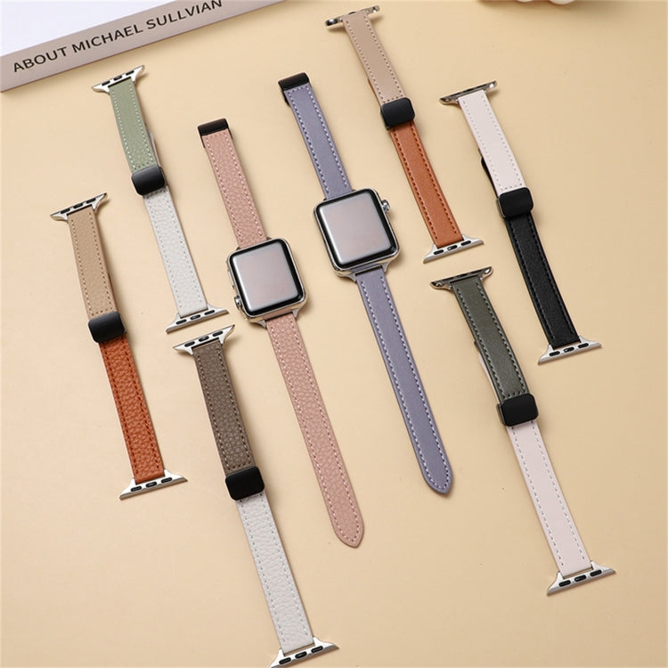 For Apple Watch Series 7 45mm Slim Magnetic Buckle Genuine Leather Watch Band(Plain Apricot) - Watch Bands by PMC Jewellery | Online Shopping South Africa | PMC Jewellery