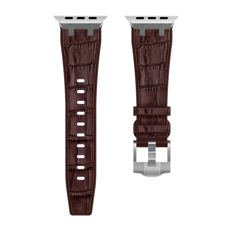 For Apple Watch SE 2023 44mm Crocodile Texture Liquid Silicone Watch Band(Silver Dark Brown) - Watch Bands by PMC Jewellery | Online Shopping South Africa | PMC Jewellery