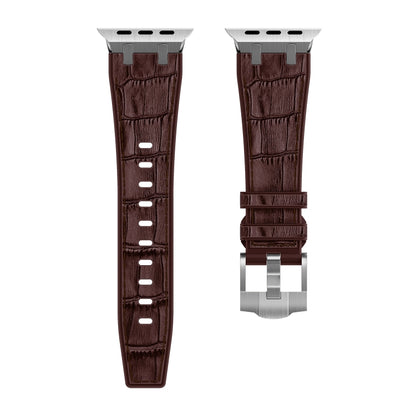 For Apple Watch Series 8 45mm Crocodile Texture Liquid Silicone Watch Band(Silver Dark Brown) - Watch Bands by PMC Jewellery | Online Shopping South Africa | PMC Jewellery