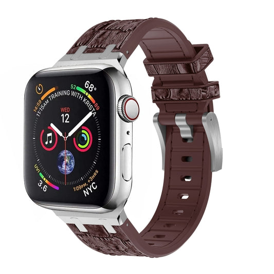 For Apple Watch Series 7 45mm Crocodile Texture Liquid Silicone Watch Band(Silver Dark Brown) - Watch Bands by PMC Jewellery | Online Shopping South Africa | PMC Jewellery