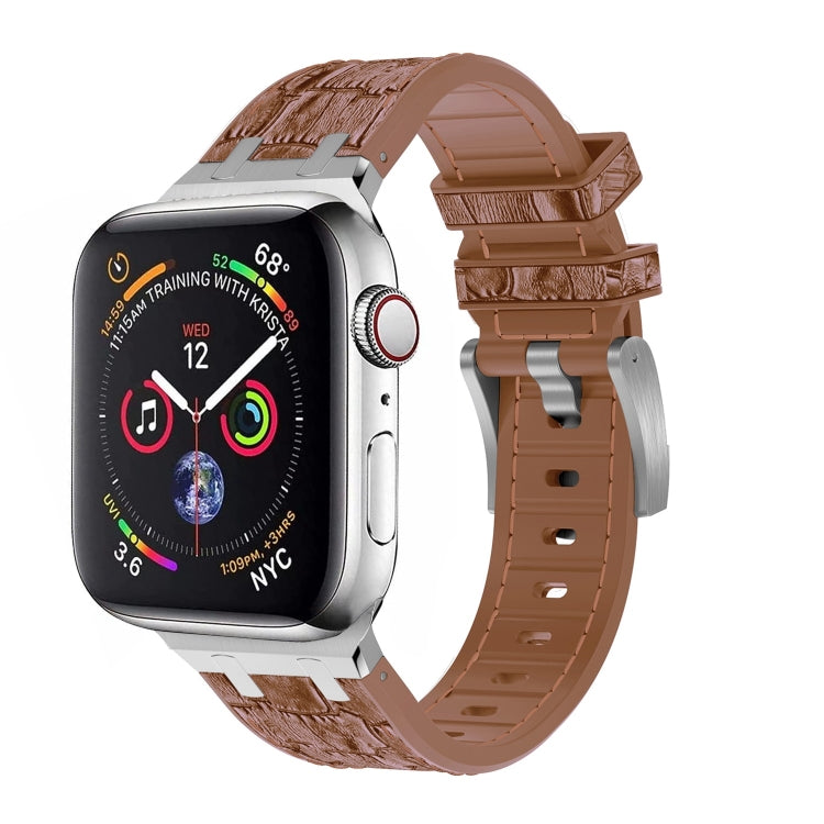 For Apple Watch Series 2 42mm Crocodile Texture Liquid Silicone Watch Band(Silver Yellow Brown) - Watch Bands by PMC Jewellery | Online Shopping South Africa | PMC Jewellery