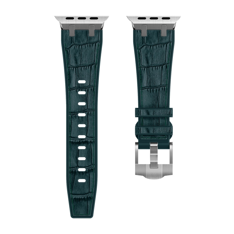 For Apple Watch 42mm Crocodile Texture Liquid Silicone Watch Band(Silver Deep Green) - Watch Bands by PMC Jewellery | Online Shopping South Africa | PMC Jewellery