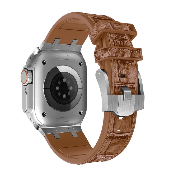 For Apple Watch 38mm Crocodile Texture Liquid Silicone Watch Band(Silver Yellow Brown) - Watch Bands by PMC TechLife | Online Shopping South Africa | PMC TechLife