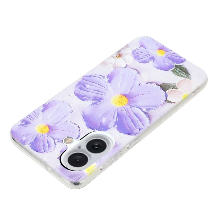 For iPhone 16 Colorful Painting Pattern TPU Phone Case(Purple Flowers) - iPhone 16 Cases by PMC Jewellery | Online Shopping South Africa | PMC Jewellery | Buy Now Pay Later Mobicred