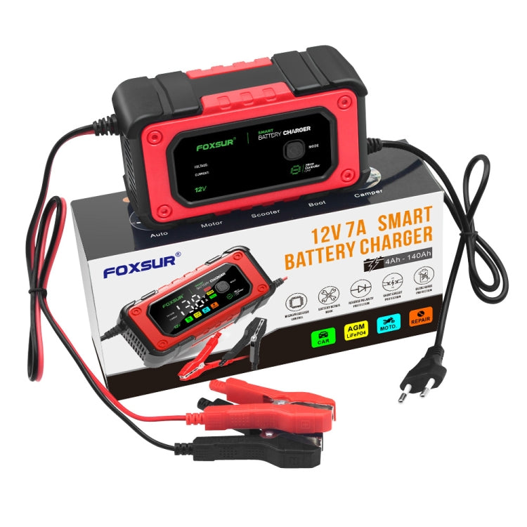FOXSUR 7A 12V Car / Motorcycle Smart Battery Charger, Plug Type:EU Plug(Red) - Battery Charger by FOXSUR | Online Shopping South Africa | PMC TechLife | Buy Now Pay Later Mobicred