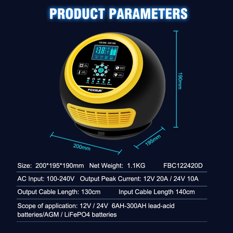 FOXSUR 20A 12V 24V Car / Motorcycle Smart Battery Charger, Plug Type:US Plug(Yellow) - Battery Charger by FOXSUR | Online Shopping South Africa | PMC Jewellery | Buy Now Pay Later Mobicred