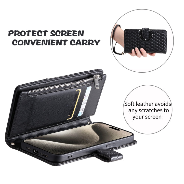 For iPhone 16 Pro Glitter Lattice Zipper Wallet Leather Phone Case(Black) - iPhone 16 Pro Cases by PMC TechLife | Online Shopping South Africa | PMC TechLife | Buy Now Pay Later Mobicred