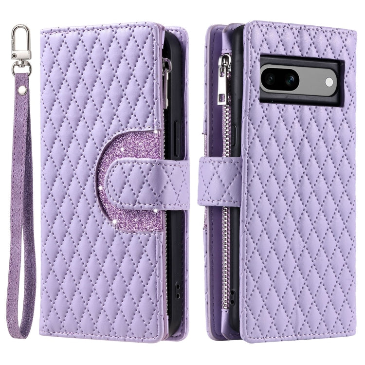 For Google Pixel 7a Glitter Lattice Zipper Wallet Leather Phone Case(Purple) - Google Cases by PMC TechLife | Online Shopping South Africa | PMC TechLife | Buy Now Pay Later Mobicred