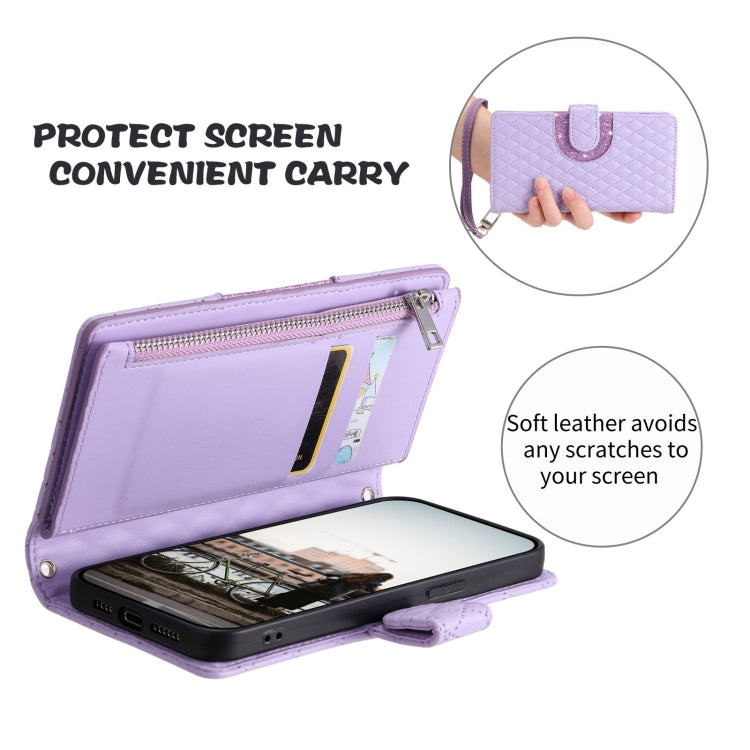 For Google Pixel 7a Glitter Lattice Zipper Wallet Leather Phone Case(Purple) - Google Cases by PMC TechLife | Online Shopping South Africa | PMC TechLife | Buy Now Pay Later Mobicred