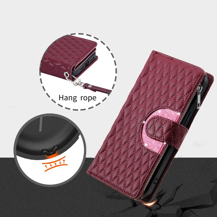 For Google Pixel 7a Glitter Lattice Zipper Wallet Leather Phone Case(Wine Red) - Google Cases by PMC TechLife | Online Shopping South Africa | PMC TechLife | Buy Now Pay Later Mobicred