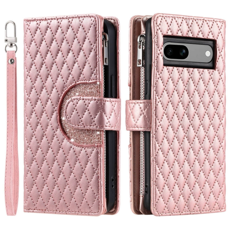 For Google Pixel 7a Glitter Lattice Zipper Wallet Leather Phone Case(Rose Gold) - Google Cases by PMC TechLife | Online Shopping South Africa | PMC TechLife | Buy Now Pay Later Mobicred