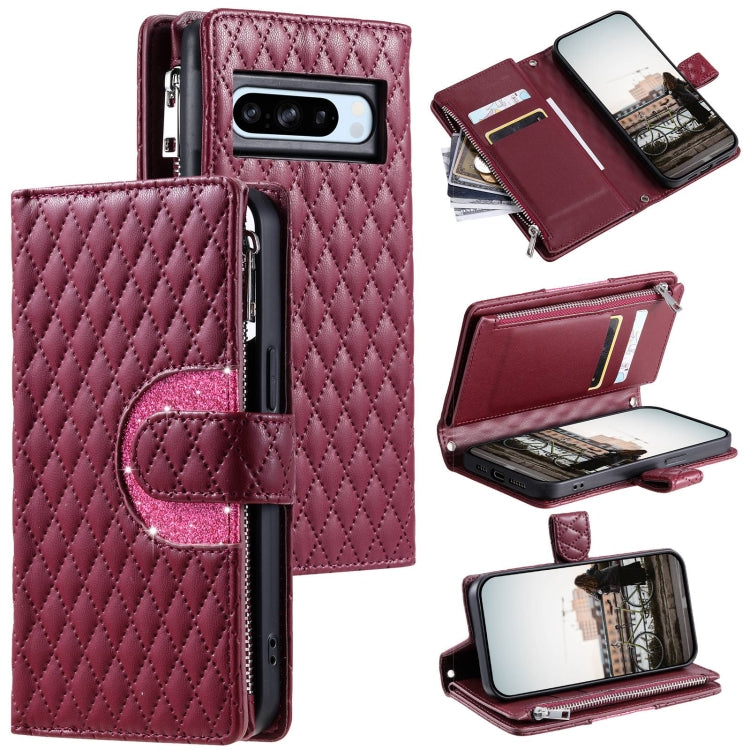 For Google Pixel 8 Pro Glitter Lattice Zipper Wallet Leather Phone Case(Wine Red) - Google Cases by PMC Jewellery | Online Shopping South Africa | PMC Jewellery | Buy Now Pay Later Mobicred