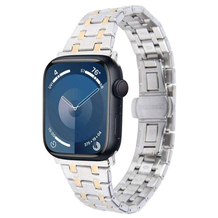 For Apple Watch Series 9 45mm Double T Stainless Steel Watch Band(Silver Gold) - Watch Bands by PMC Jewellery | Online Shopping South Africa | PMC Jewellery