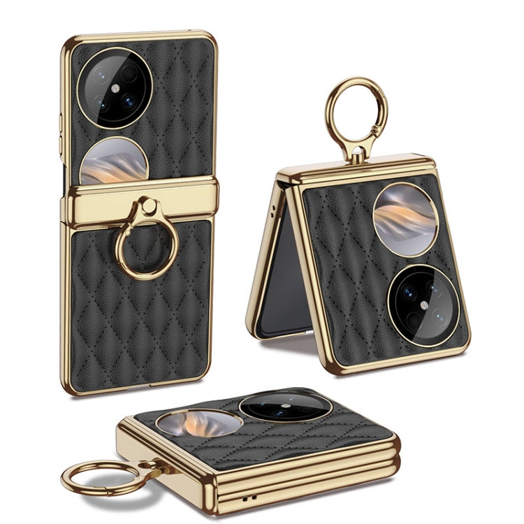 For Huawei Pocket 2 GKK Rhombus Pattern Electroplated Leather Phone Case with Ring(Black) - Huawei Cases by GKK | Online Shopping South Africa | PMC Jewellery | Buy Now Pay Later Mobicred