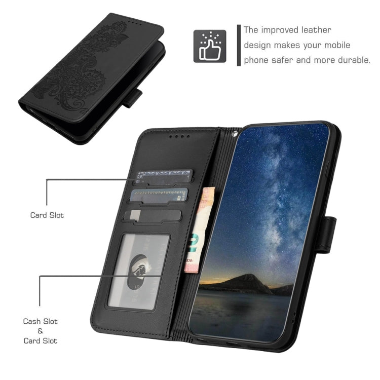 For iPhone 16 Plus Datura Flower Embossed Flip Leather Phone Case(Black) - iPhone 16 Plus Cases by PMC TechLife | Online Shopping South Africa | PMC TechLife | Buy Now Pay Later Mobicred