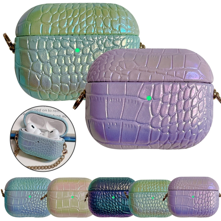 For AirPods Pro 2 Colorful Crocodile Pattern PC Earphone Case with Anti-lost Metal Long Chain(Light Blue) - For AirPods Pro 2 by PMC Jewellery | Online Shopping South Africa | PMC Jewellery | Buy Now Pay Later Mobicred
