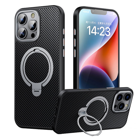 For iPhone 16 Pro Max Double Ring MagSafe Holder Carbon Fiber Phone Case(Silver) - iPhone 16 Pro Max Cases by PMC Jewellery | Online Shopping South Africa | PMC Jewellery | Buy Now Pay Later Mobicred