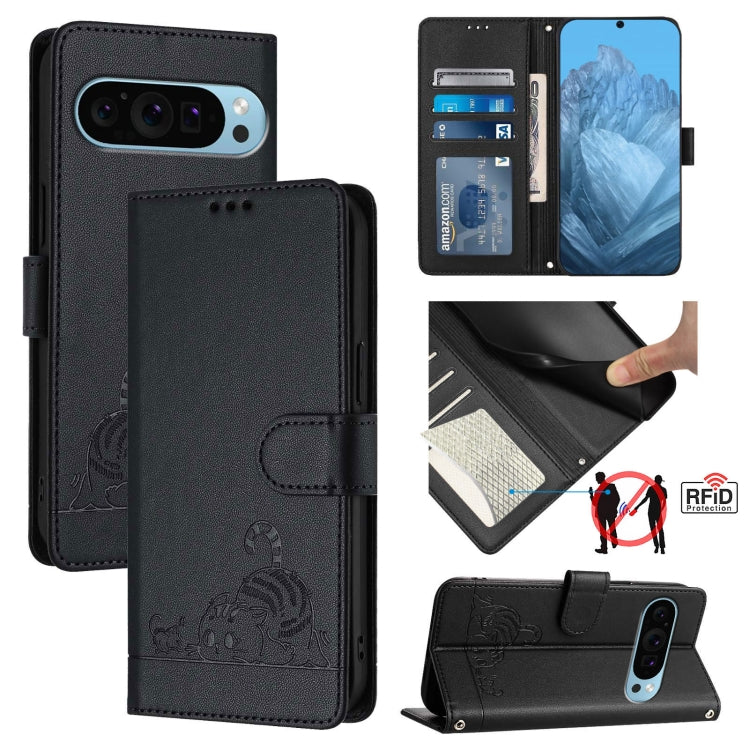 For Google Pixel 9 Pro XL Cat Rat Embossed Pattern RFID Leather Phone Case with Lanyard(Black) - Google Cases by PMC TechLife | Online Shopping South Africa | PMC TechLife | Buy Now Pay Later Mobicred