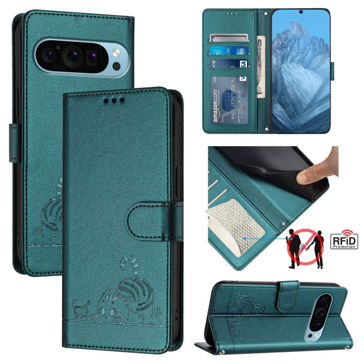 For Google Pixel 9 Pro XL Cat Rat Embossed Pattern RFID Leather Phone Case with Lanyard(Peacock Green) - Google Cases by PMC TechLife | Online Shopping South Africa | PMC TechLife | Buy Now Pay Later Mobicred