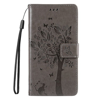 For iPhone SE 2024 Tree & Cat Embossed Pattern Flip Leather Phone Case(Grey) - More iPhone Cases by PMC Jewellery | Online Shopping South Africa | PMC Jewellery | Buy Now Pay Later Mobicred