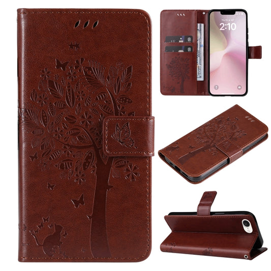 For iPhone SE 2024 Tree & Cat Embossed Pattern Flip Leather Phone Case(Coffee) - More iPhone Cases by PMC Jewellery | Online Shopping South Africa | PMC Jewellery | Buy Now Pay Later Mobicred