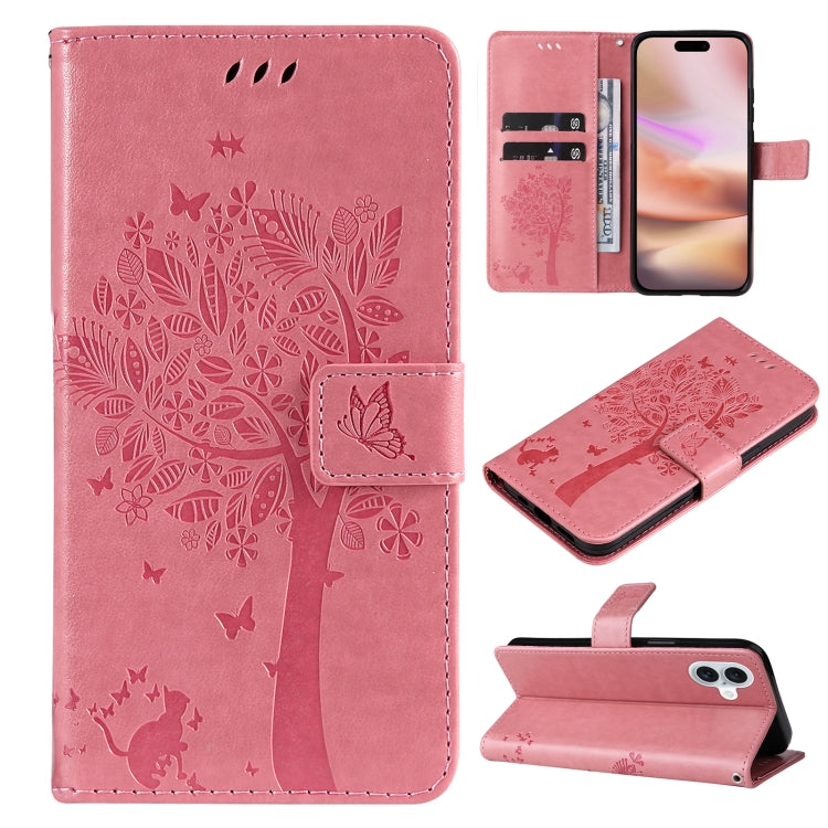 For iPhone 16 Plus Tree & Cat Embossed Pattern Flip Leather Phone Case(Pink) - iPhone 16 Plus Cases by PMC TechLife | Online Shopping South Africa | PMC TechLife | Buy Now Pay Later Mobicred