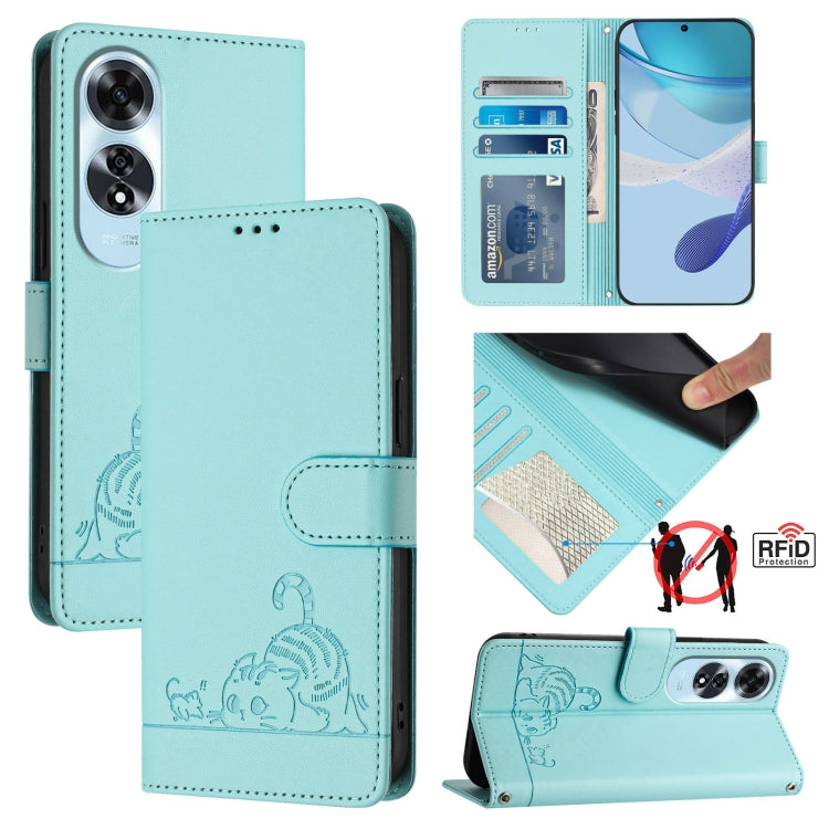 For OPPO A60 4G Global Cat Rat Embossed Pattern RFID Leather Phone Case with Lanyard(Mint Green) - OPPO Cases by PMC Jewellery | Online Shopping South Africa | PMC Jewellery | Buy Now Pay Later Mobicred