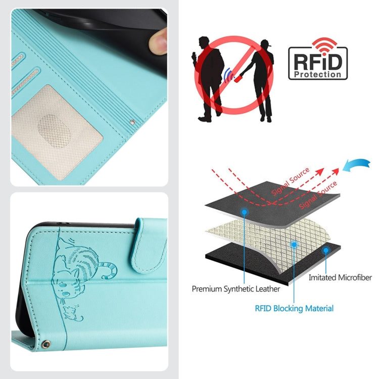 For OPPO A60 4G Global Cat Rat Embossed Pattern RFID Leather Phone Case with Lanyard(Mint Green) - OPPO Cases by PMC Jewellery | Online Shopping South Africa | PMC Jewellery | Buy Now Pay Later Mobicred