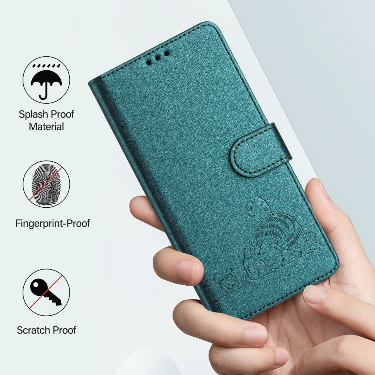 For iPhone SE 2024 Cat Rat Embossed Pattern RFID Leather Phone Case with Lanyard(Peacock Green) - More iPhone Cases by PMC Jewellery | Online Shopping South Africa | PMC Jewellery | Buy Now Pay Later Mobicred