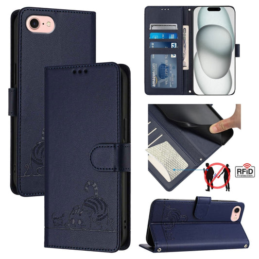 For iPhone SE 2024 Cat Rat Embossed Pattern RFID Leather Phone Case with Lanyard(Blue) - More iPhone Cases by PMC Jewellery | Online Shopping South Africa | PMC Jewellery | Buy Now Pay Later Mobicred