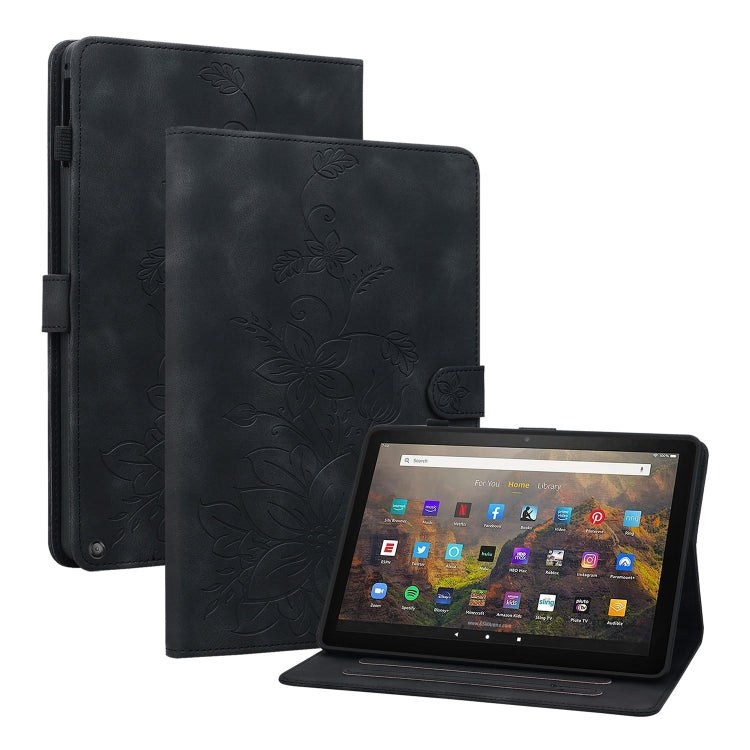 For Amazon Fire HD10 2019/2017 Lily Embossed Leather Smart Tablet Case(Black) - Amazon by PMC TechLife | Online Shopping South Africa | PMC TechLife | Buy Now Pay Later Mobicred