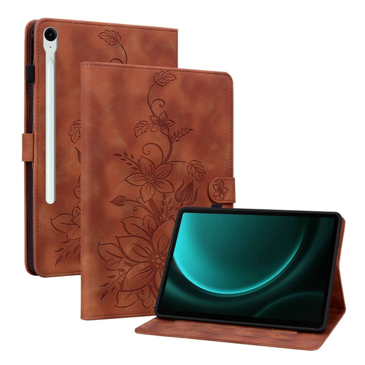 For Samsung Galaxy Tab S9 / S9 FE Lily Embossed Leather Tablet Case(Brown) - Galaxy Tab S9 Cases by PMC Jewellery | Online Shopping South Africa | PMC Jewellery | Buy Now Pay Later Mobicred