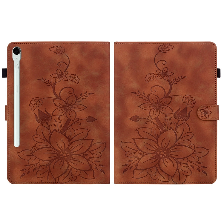 For Samsung Galaxy Tab S9 / S9 FE Lily Embossed Leather Tablet Case(Brown) - Galaxy Tab S9 Cases by PMC Jewellery | Online Shopping South Africa | PMC Jewellery | Buy Now Pay Later Mobicred