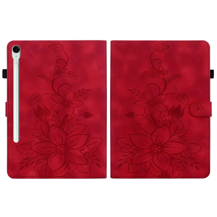 For Samsung Galaxy Tab S9 / S9 FE Lily Embossed Leather Tablet Case(Red) - Galaxy Tab S9 Cases by PMC Jewellery | Online Shopping South Africa | PMC Jewellery | Buy Now Pay Later Mobicred