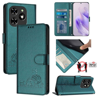 For Tecno Spark GO 2024 Cat Rat Embossed Pattern RFID Leather Phone Case with Lanyard(Peacock Green) - Tecno Cases by PMC Jewellery | Online Shopping South Africa | PMC Jewellery | Buy Now Pay Later Mobicred