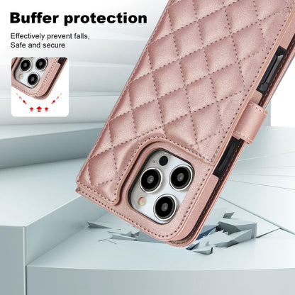 For iPhone 16 Pro Max Crossbody Multifunction Rhombic Leather Phone Case(Rose Gold) - iPhone 16 Pro Max Cases by PMC Jewellery | Online Shopping South Africa | PMC Jewellery | Buy Now Pay Later Mobicred